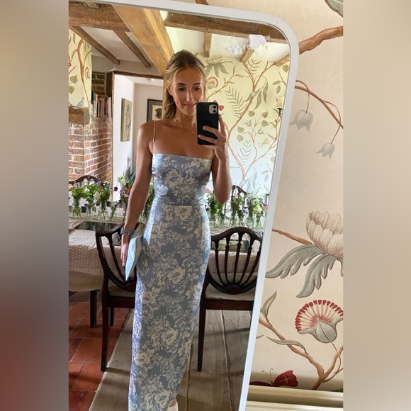 Reformation Frankie Silk Formal Dress Spaghetti Strap Porcelain Blue Floral 10 P - Picture 5 of 16